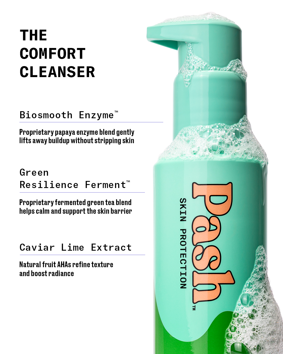 A teal pump bottle of Dash Skin Protection Comfort Cleanser with white foam, shown on a white background with product feature text on the left.