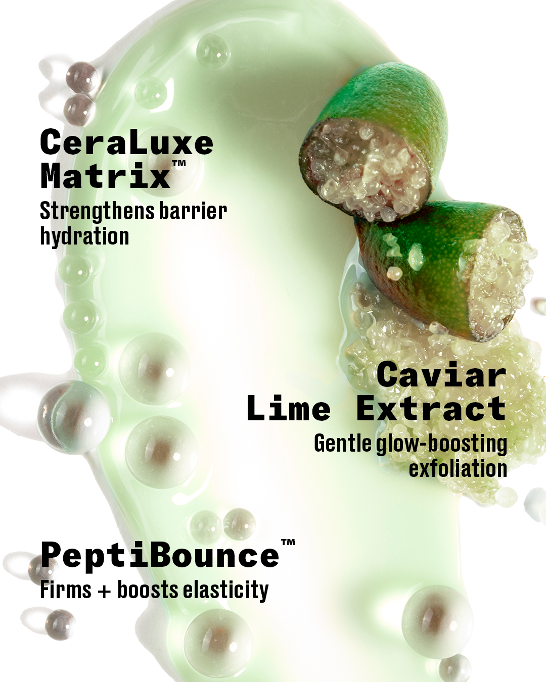 A cosmetic ingredient graphic featuring a pale mint-green gel-like splash with pearl-like droplets, two lime halves showing caviar crystals inside, and black text reading CeraLuxe Matrix, Caviar Lime Extract, and PeptiBounce.