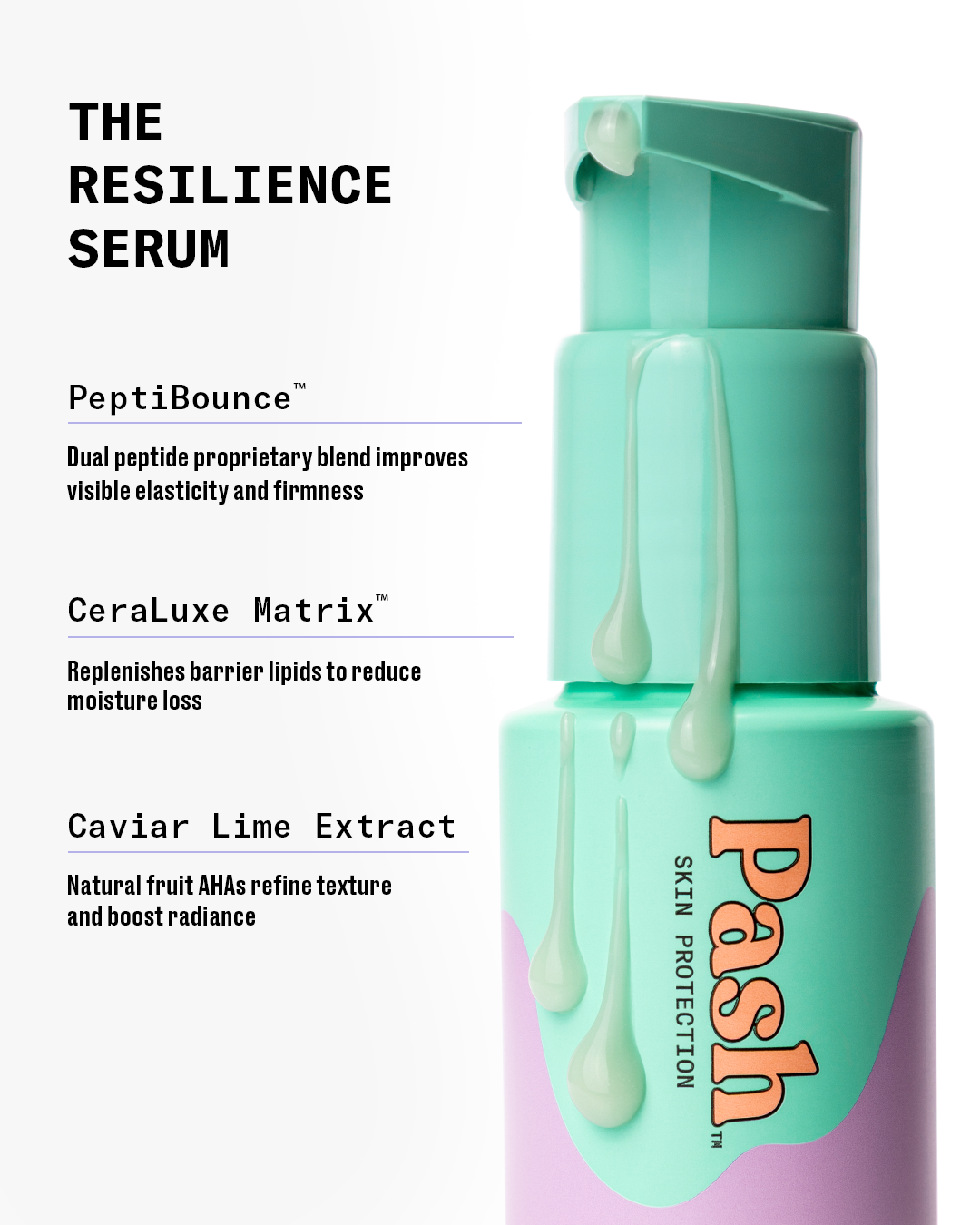 Pash Skin Protection Resilience Serum in a mint green and lavender pump bottle with a dripping effect, shown next to product feature text on a white background.