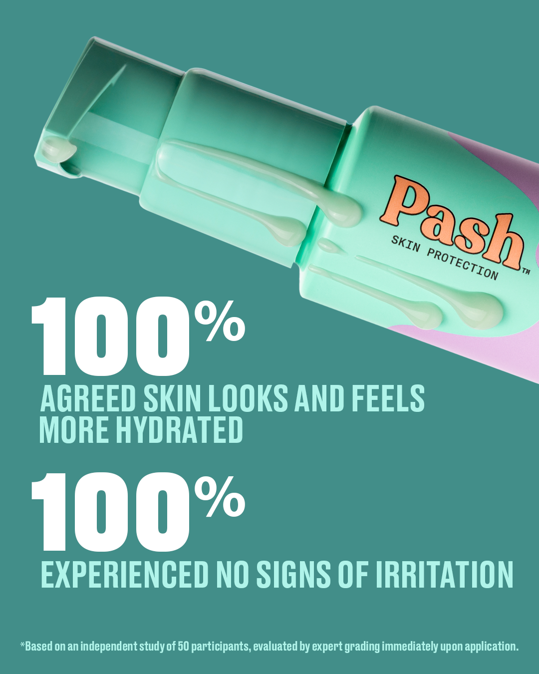 A teal and mint cosmetic tube labeled 'Pash Skin Protection' shown diagonally on a teal background with large marketing text about skin hydration and irritation reduction.