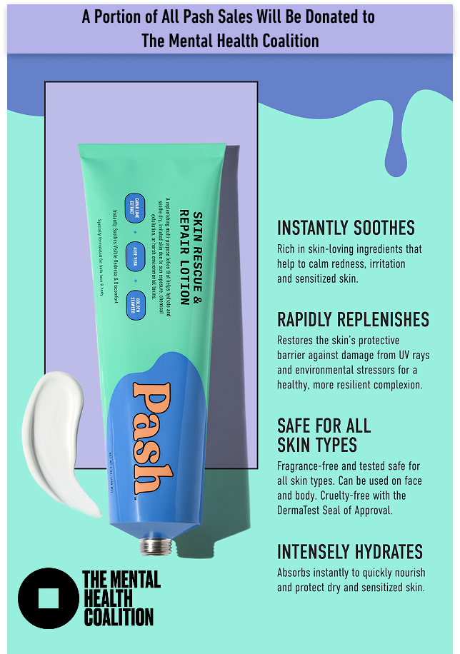 Pash Skin Rescue Lotion tube with product description and Mental Health Coalition logo on a blue and green background