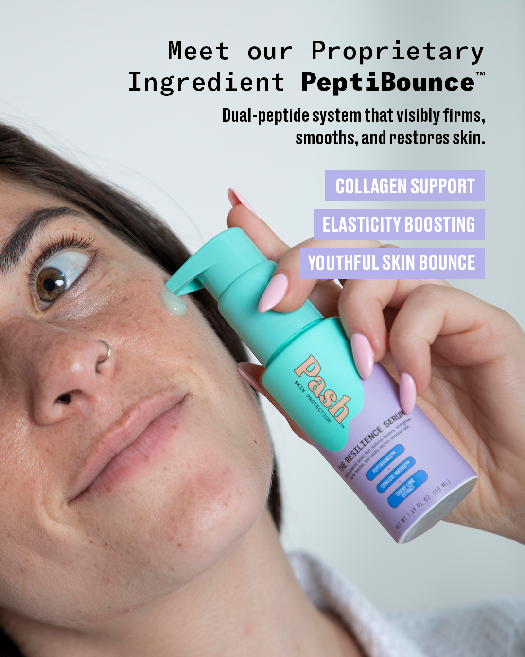 A woman holds a turquoise and lavender Peash Beauty PeptiBounce serum bottle against her cheek, with text overlays describing the proprietary ingredient and skin benefits.