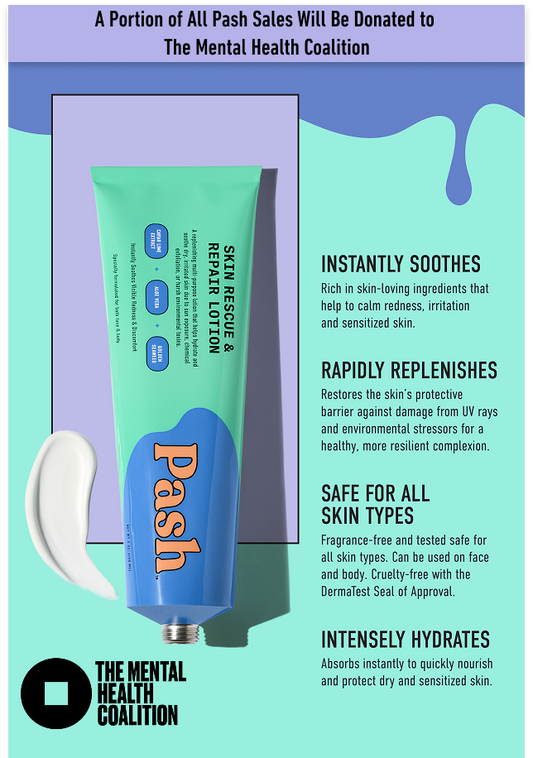 Pash Skin Rescue Lotion tube with product description and Mental Health Coalition logo on a blue and green background